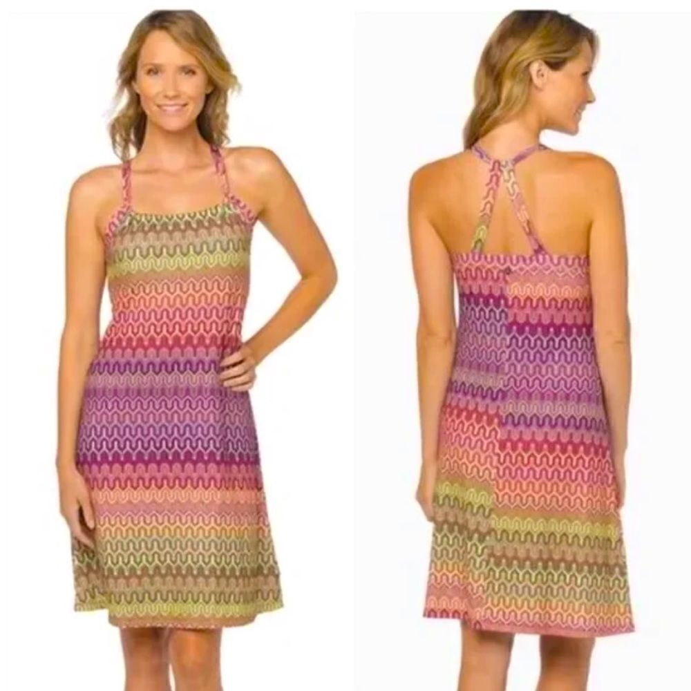 Prana Quinn Ibiza Raspberry Rainbow Halter Strap Athleisure Dress SMALL